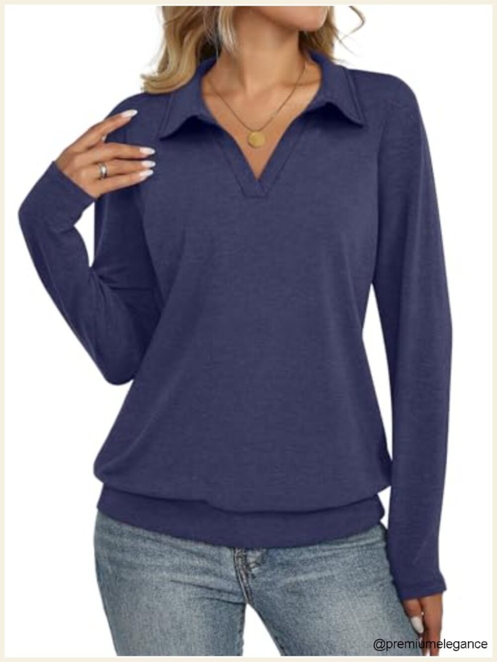Long Sleeve V-Neck Polo Shirt Cotton Blend Loose Fit Banded Hem Business Casual